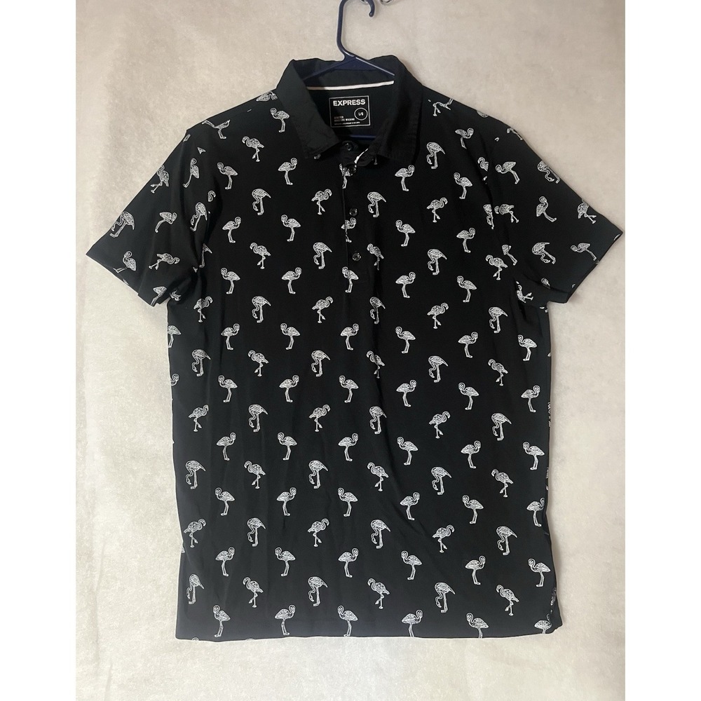Express Mens Performance Polo Shirt Black Flamingo Moisture Wicking Size Large